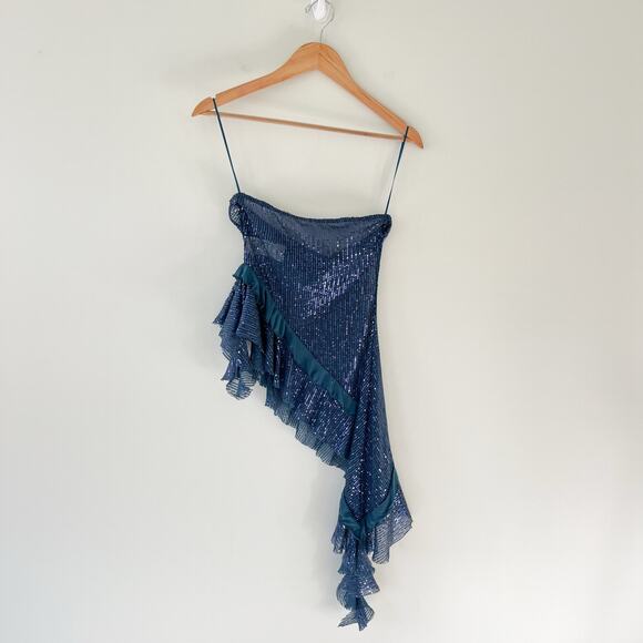 Free People Taylor Sequin Tube Top Blue Asymmetrical Strapless Top, Size Medium - Picture 11 of 11